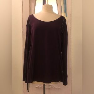 Ladies deep purple long sleeved tee with lace insets